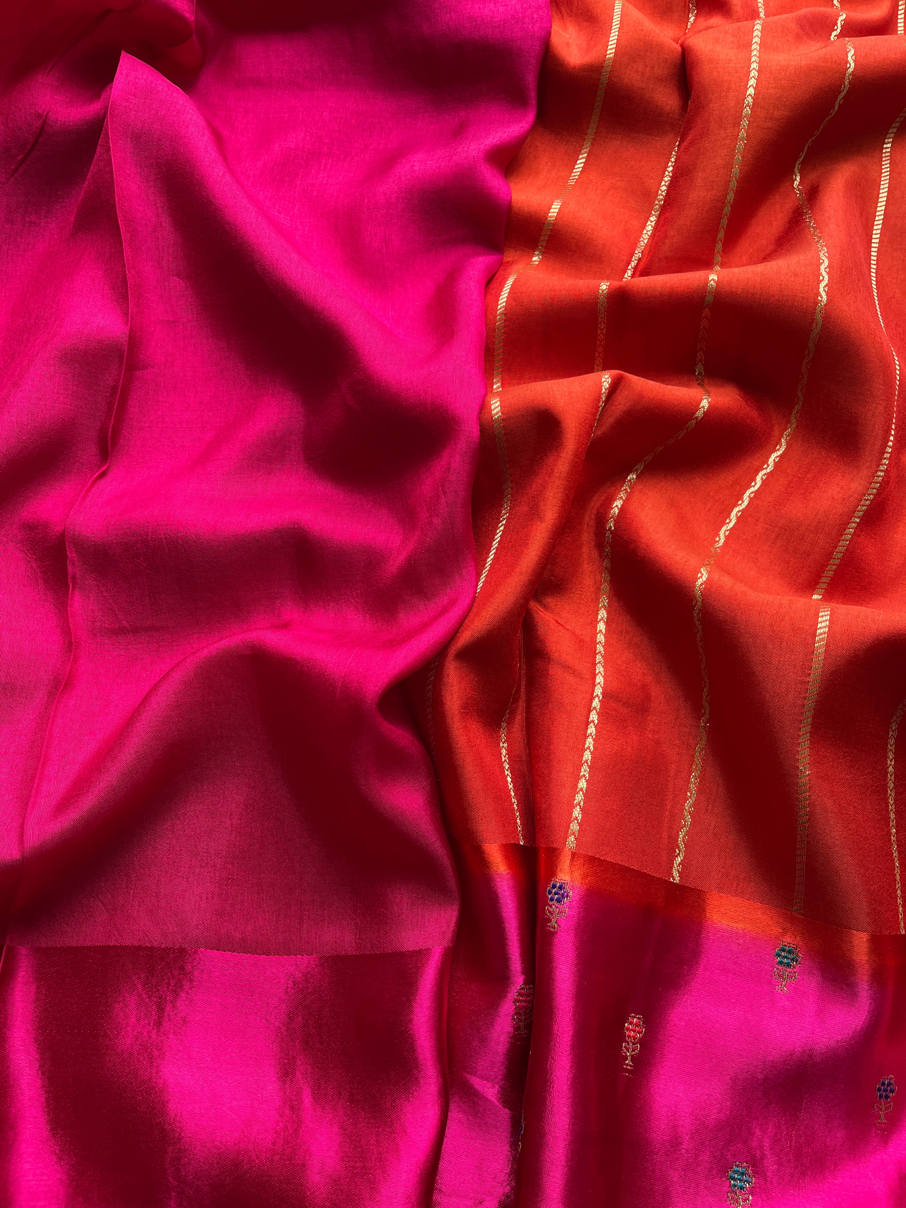 Rust Orange with Pink Border Viscose Satin Saree